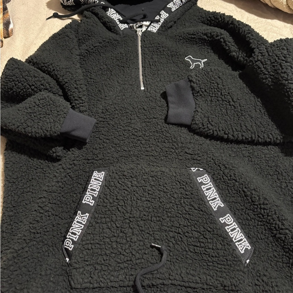 Black Sherpa Hoodie with Pink Logo